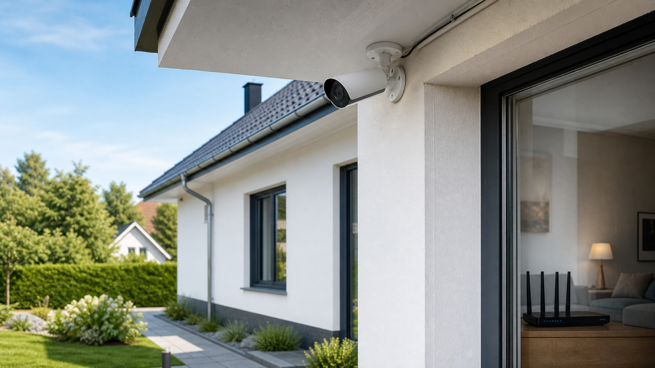 PoE-Kamera und WLAN-Router am modernen Wohnhaus